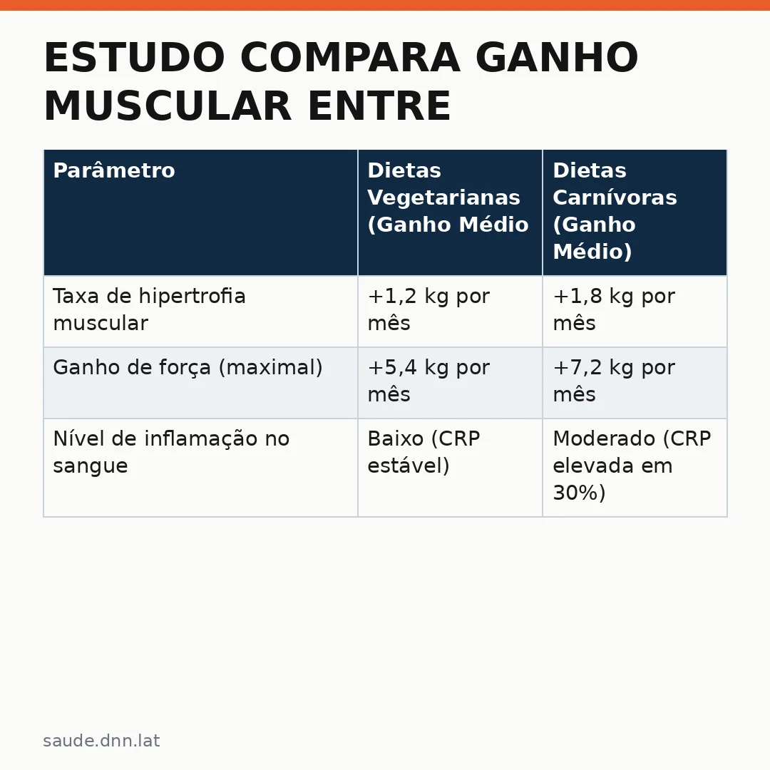 Infográfico - Estudo compara ganho muscular entre dietas vegetariana e carnívora: o que os resultados mostram sobre hipertrofia e saúd